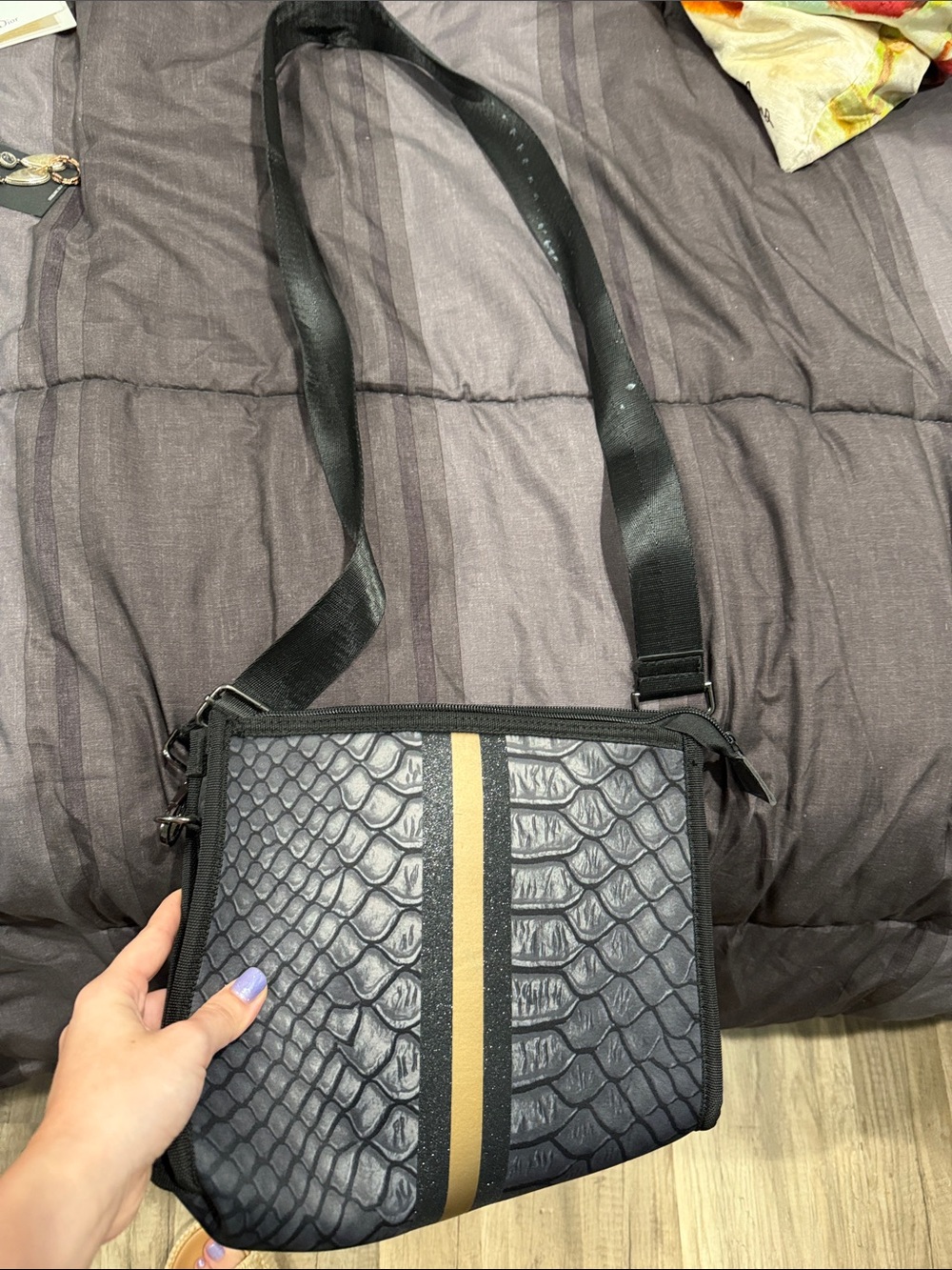 Haute Shore Black Textured Crossbody Bag with Gold Stripe